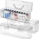 3 Pcs Paint Storage Box for 2 Fl. oz Acrylic Paints, Acrylic Portable Craft Art Organizer with Handle, 30 Bottles Capacity Plastic Art Supply Clear Boxes