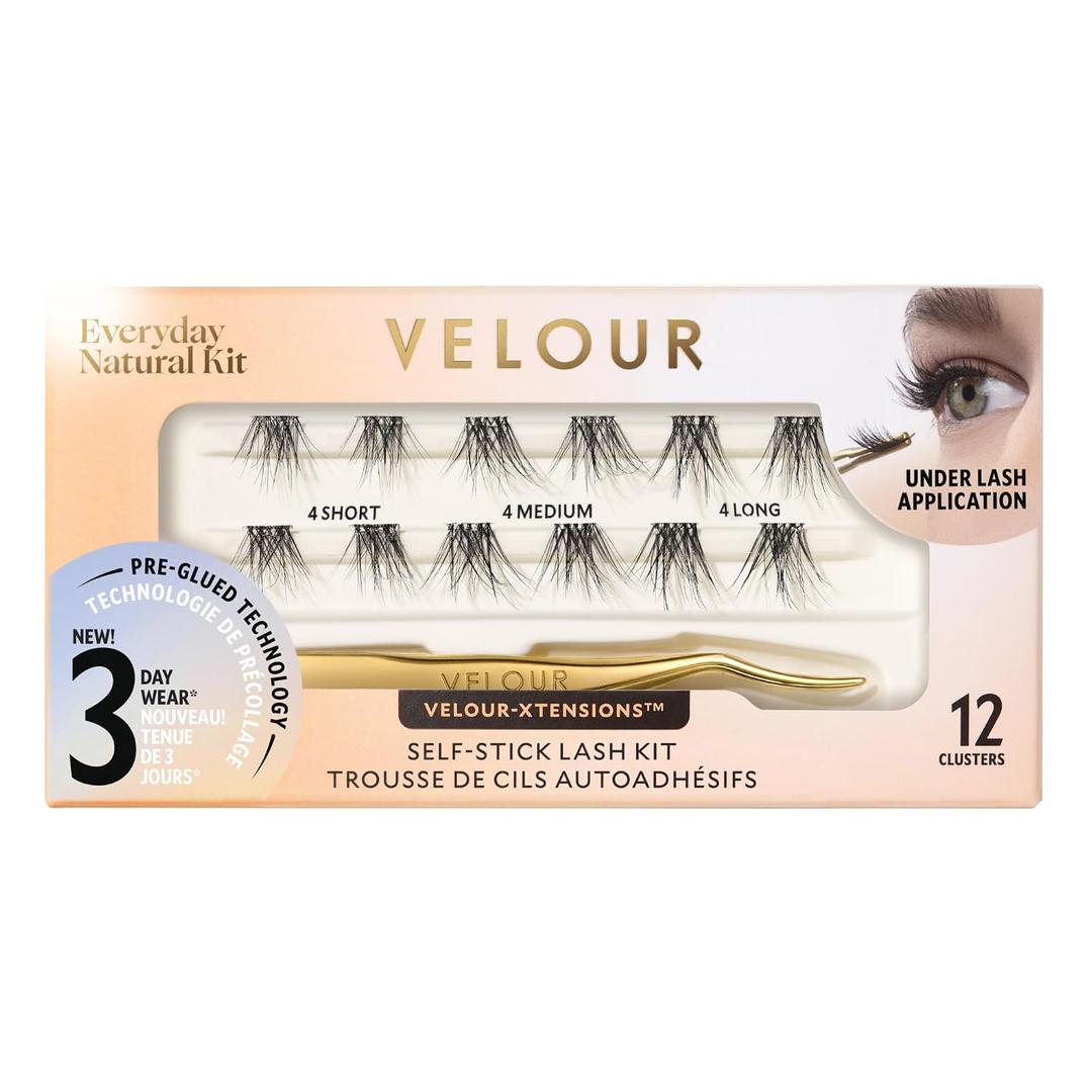 Velour-Xtensions Self-Stick Lash Clusters Kit, Self Adhesive Eyelashes with 12 Lash Cluster and Lash Applicator, New No Glue Technology for Lightweight Natural Look at Home