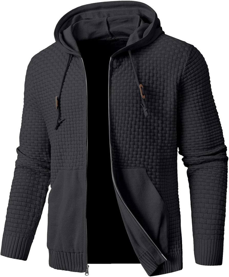 Zaitun Men's Full Zip Up Hooded Cardigan Sweater with Pockets (Medium, Black)