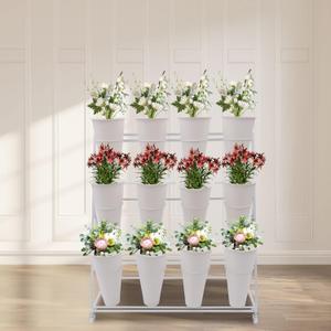 Flower Display Stand With 12 PCS Buckets 3 Layers Metal Plant Stand with Wheels Heavy Duty Moving Plant Cart Shelf, for Indoor, Outdoor Patio Garden, Living Room (B)