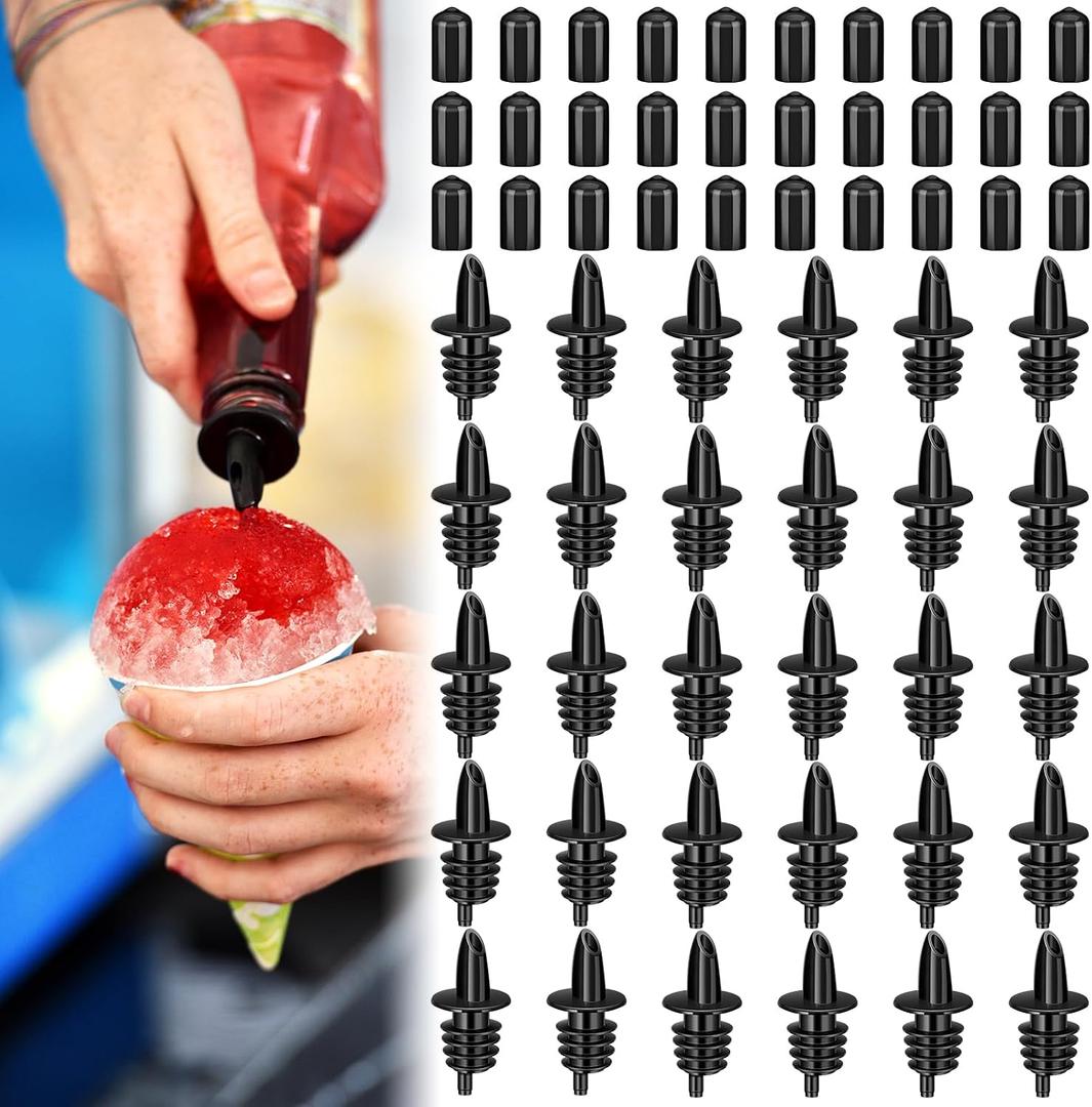60 Pcs Bottle Pourers Syrup Pour Spouts Including Snow Cone Syrup Alcohol Liquor Bottle Pourers and Rubber Dust Cap Covers Dispenser Accessories