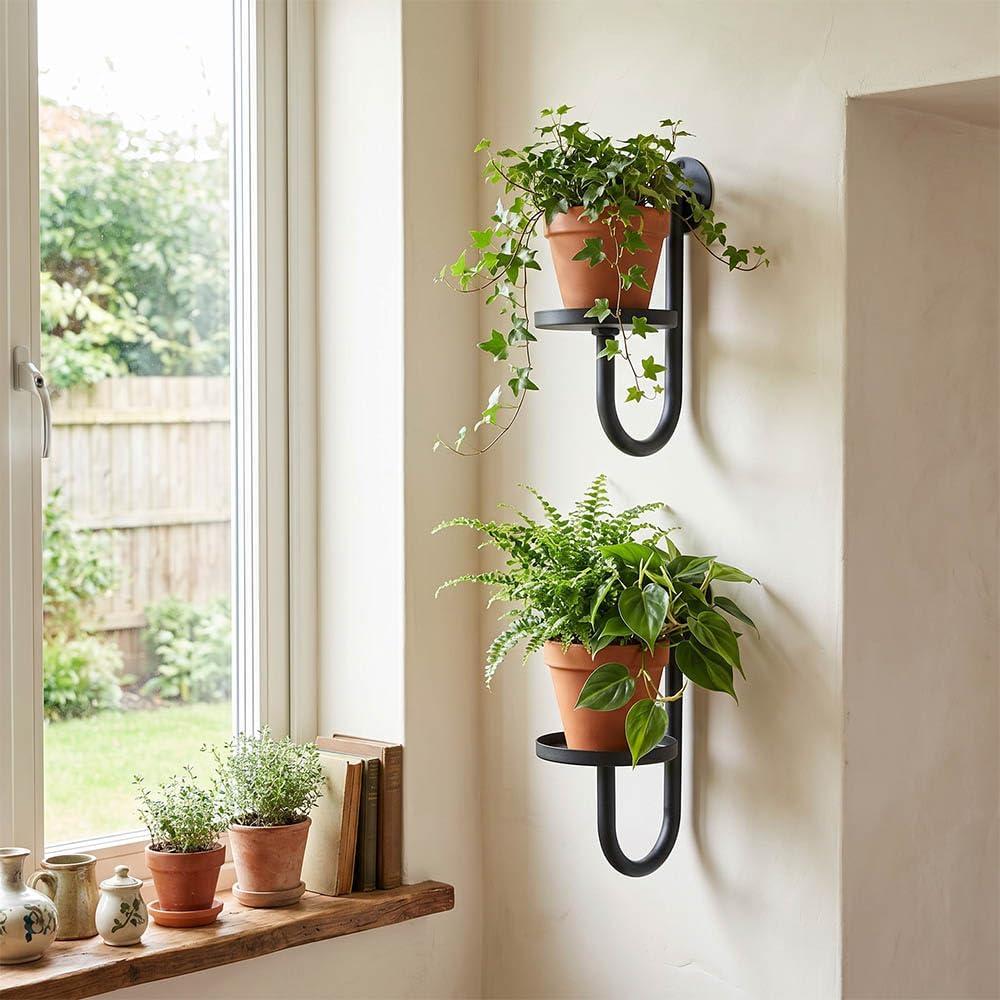 Wall Plant Holder Set of 2 for Outdoor, Metal Hanger, Floating Flower Display Stand for Window, Space Saving & Easy to Assemble (Pots/Plants Not Included)