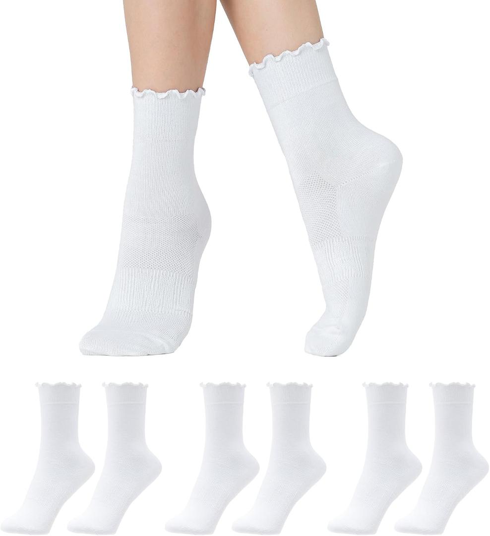 COOLMATE 3 Pairs Womens Ruffle Socks, Cute Cotton Blend Crew Socks, Turn-Cuff Frilly Ankle Socks For Women (White)