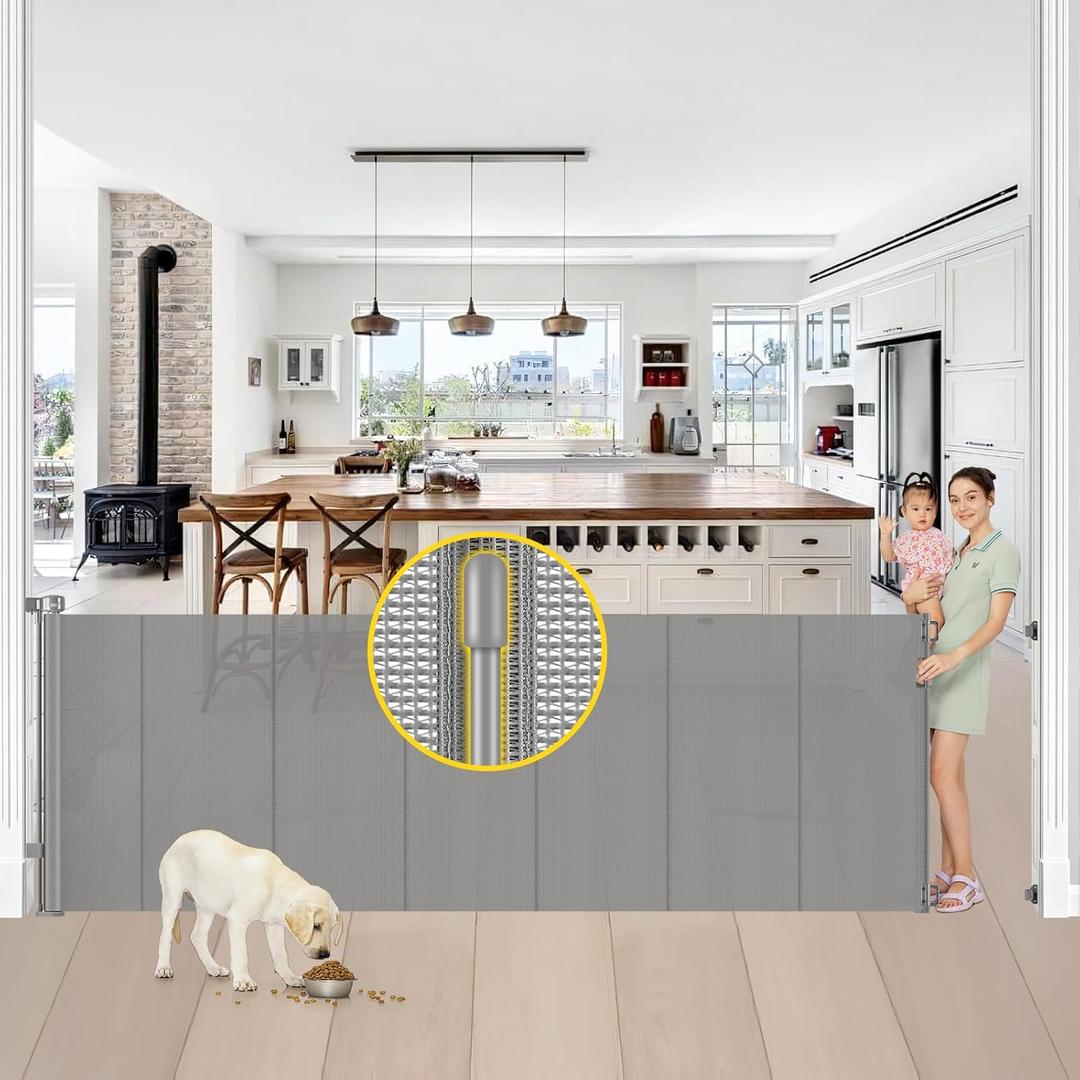 Reinforced 42 Tall x 100 Wide Retractable Baby Gates Extra Tall Dog Gate with Rods to Prevent Crawling Through, Pet Gate for Large Openings Extra Wide Mesh Baby Gate for Stairs, Gray
