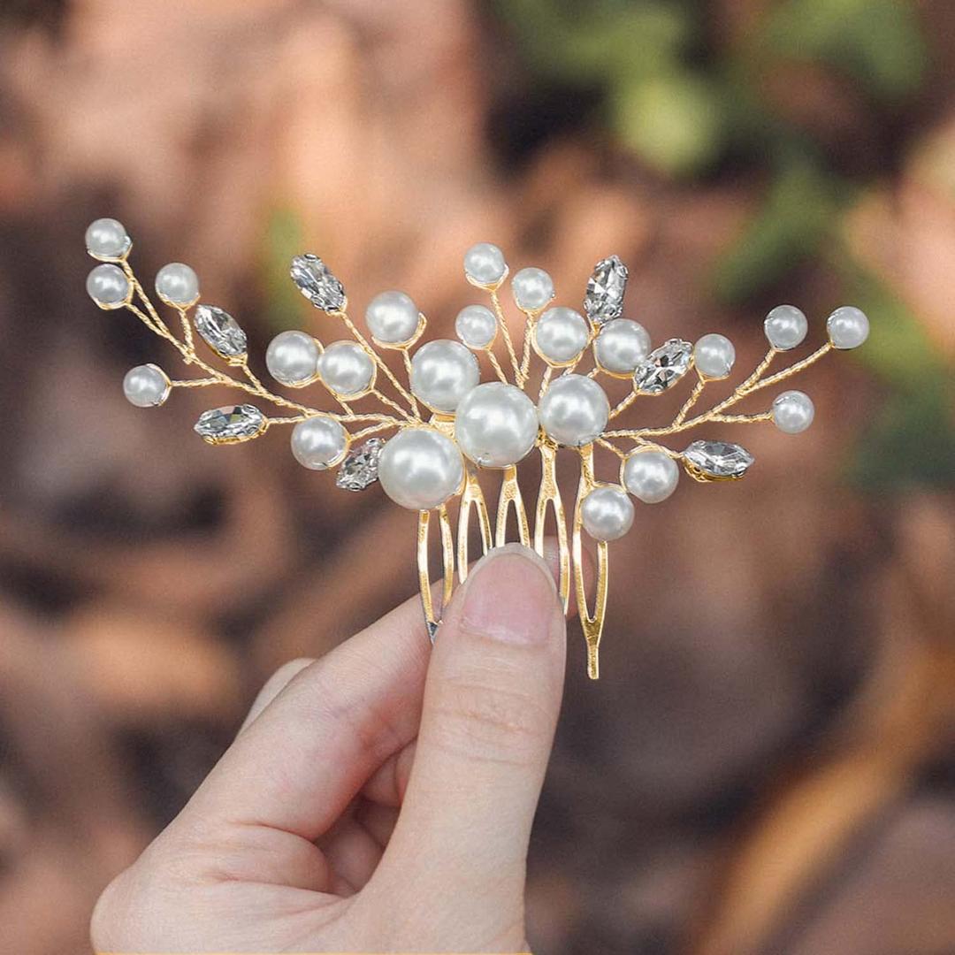 Evild Pearl Bridal Hair Clip Wedding Hair Comb Gold Rhinestone Hair Accessories for Women(Gold)