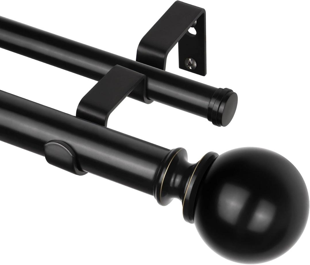 KAMANINA Black Double Curtain Rods 36 to 72 Inches(3-6 Feet), 1 Inch Heavy Duty Curtain Rods for Windows 28 to 48 In, Telescoping Drapery Rod for Bedroom, Dual Curtain Rod with Round Finials