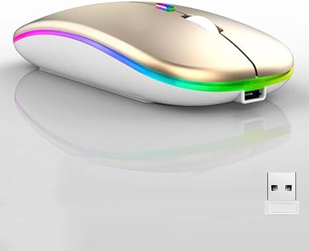 Guiheng Wireless Bluetooth Mouse,LED Dual Mode Rechargeable Silent Slim Laptop Mouse,Portable(BT5.2+USB Receiver) Dual Mode Computer Mice,for Laptop,Desktop Computer,ipad Tablet,Phone,TV (Gold)