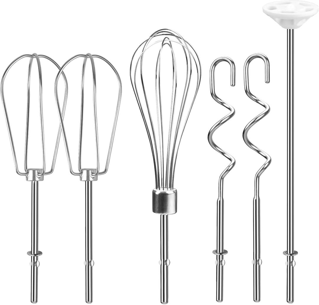 Hand Mixer Attachments Beater, Whisk, Blending Rod and Dough Hooks, Stainless Steel Hand Mixer Accessories Compatible with Kitchenaid Hand Mixers KHM3 KHM5 KHM7 KHM9, Set of 6