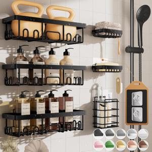 Veken Rustproof & Waterproof Shower Caddy 6-Pack, No Drilling Adhesive Shelves Rack with Soap Holder, Large Capacity Bathroom Organizers and Storage, Wall-Mounted Kitchen & Home Decor (6-Piece Set, Black)