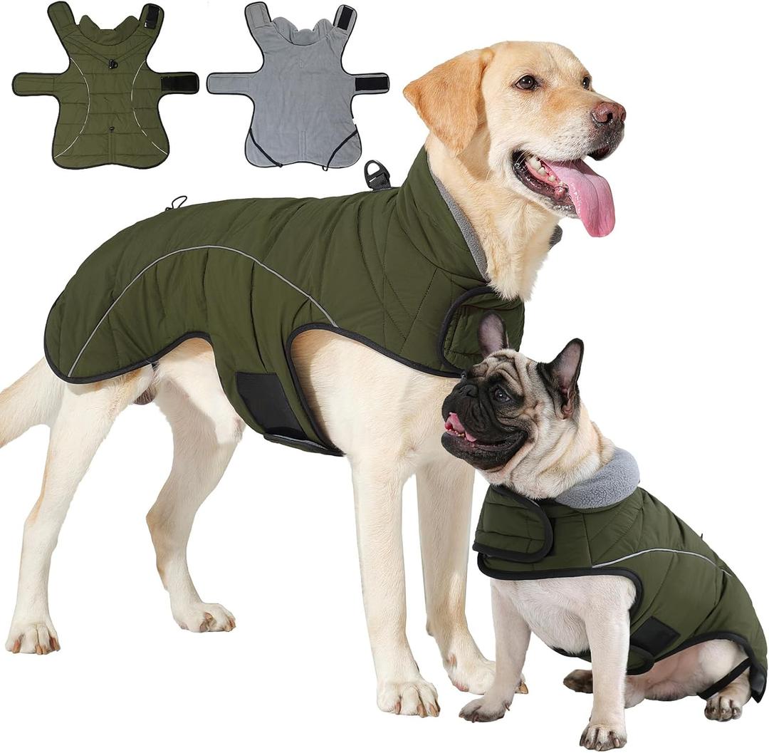 HEYWEAN Dog Winter Coat - Waterproof Windproof Reflective Vest for Medium & Large Breeds Adjustable Warm FleeceLined Jacket with Magic Tape & D-Ring for Leash Cold Weather Apparel (Green, Large)