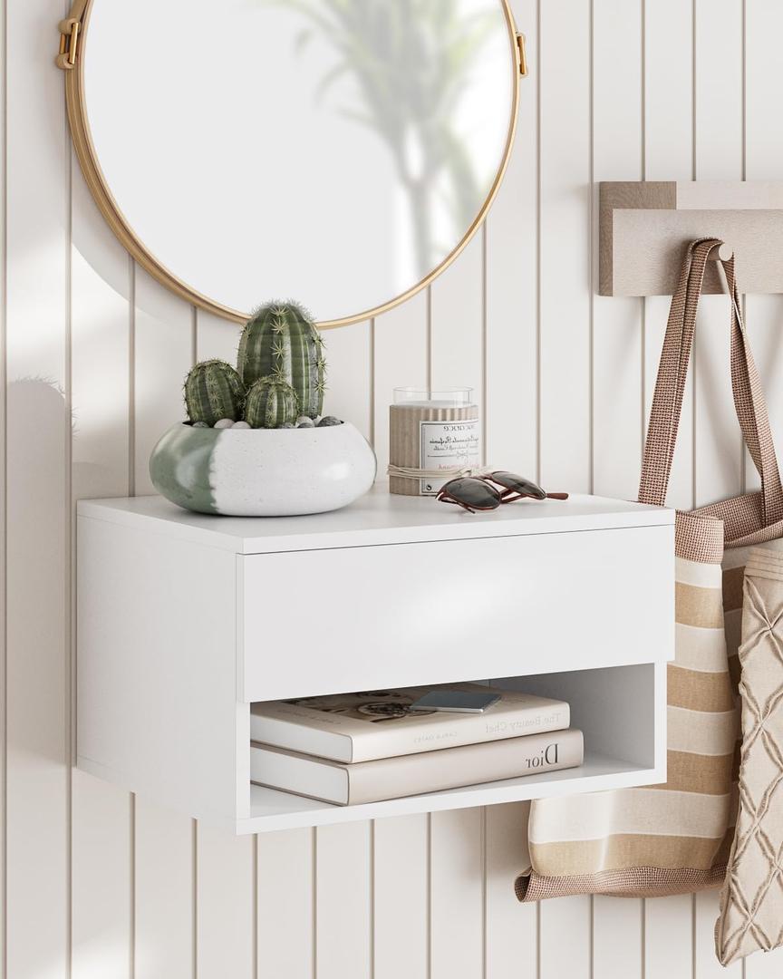Floating Nightstand, Small Modern Floating Nightstand with Drawer, Floating Shelves for Bedroom, Bathroom (White)