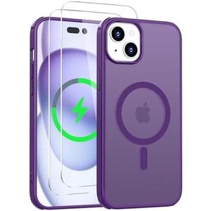 Iokmax Magnetic for iPhone 15 Plus Case [Compatible with MagSafe] with 2X Screen Protector, Military-Grade Slim Shockproof Phone Cover Translucent Anti-Fingerprint for iPhone 15 Plus 6.7'', Purple, Set of 2
