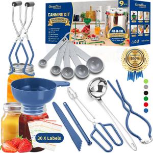 Canning Supplies Starter Kit,Canning Kit for Beginners of 9 with Jar LifterWide Mouth Funnel,Wrench,Tongs,Lid Lifter,Bubble Popper,Canning Labels,ladle,Measuring Spoon-Blue