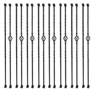 16 Pack Wrought Iron Balusters for Staircase Hollow Single Basket with Knuckles Double Twist 1/2" Square Metal Balusters with 32 Iron Baluster Swivel Shoes (Baluster 16 pack)