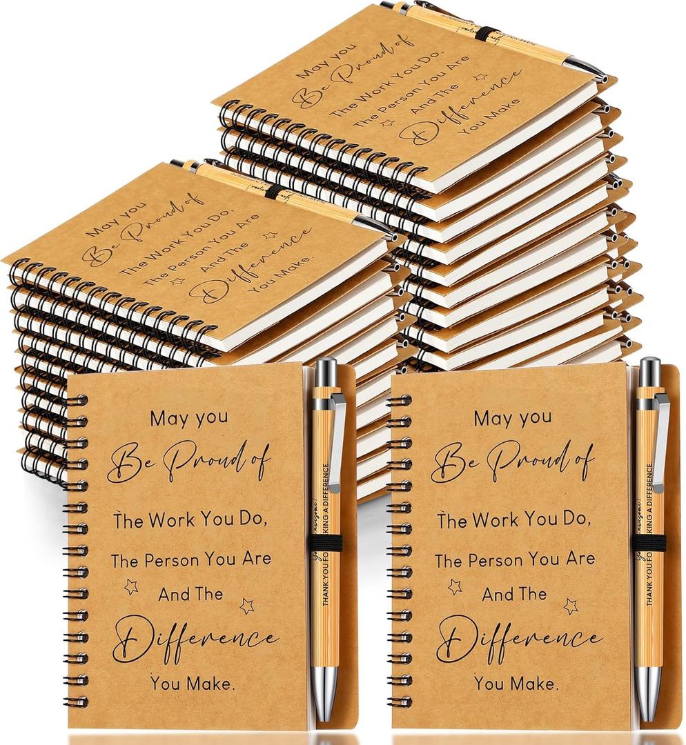 Yeaqee 30 Sets Employee Appreciation Gift Thank You Gifts 30 Pcs Inspirational Spiral Kraft Notebook and 30 Pcs Motivational Bamboo Pen Retractable Wooden Pen for Colleague Employee Nurse Teacher