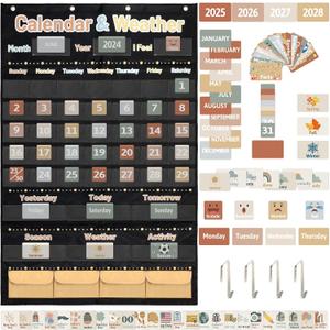 Fancy Land Boho Calendar and Weather Pocket Chart for Kids with 148 Cards Classroom Calendar Pocket Chart School Homeschool Calendar Classroom Supplies Large 44.5" x 28.3"