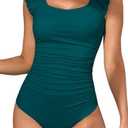 Eomenie Womens One Piece Swimsuits Puffy Sleeves Tummy Control Bathing Suit Tie Back Swimwear, L