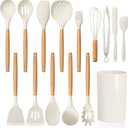 LIANYU 15 PCS Silicone Kitchen Utensils Set with Holder, Cooking Utensils set for Nonstick Cookware, Heat Resistant & Non Toxic Spatula Ladle Tong, White, Small