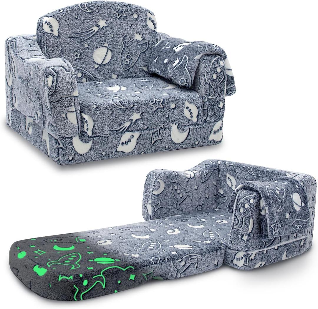 Comfy Toddler Couch and Chair for Kids with Blanket, 2-in-1 Soft Plush Fold Out Kids Sofa Chairs for Girls and Boys, Convertible Sofa to Lounger for Playroom, Glowing Starry Sky (Blue)