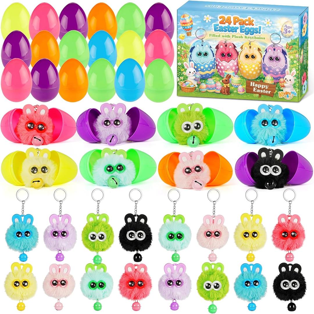 Kederwa 24 Pack Prefilled Easter Eggs with Bunny Keychains Easter Egg Fillers with Plush Keychain for Kids Basket Stuffers for Girl Boys