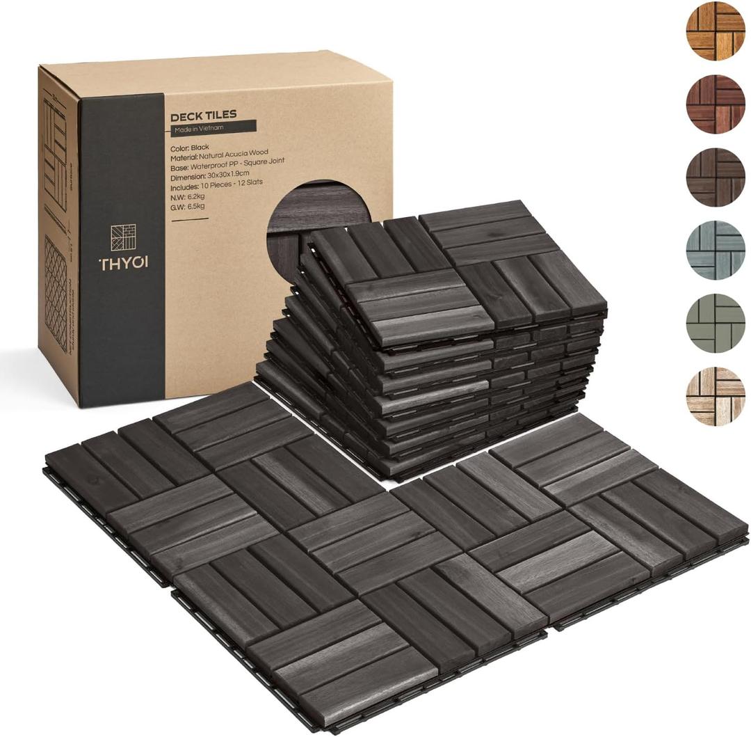 THYOI Premium Deck Tiles, Patio Flooring - Outdoor Waterproof Acacia Wood Tiles for All Weather Use - Balcony, Backyard, Indoor & Outdoor (Square Ft) (10, Black, 12S)