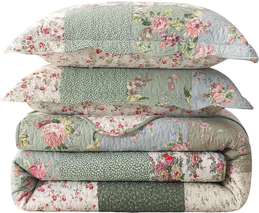 vctops Boho Patchwork Cotton Quilted Bedspread Quilt Set King Size 3 Pieces Soft Reversible Lightweight Coverlet Set Floral Print 1 Quilt and 2 Pillow Shams (Green D,King)
