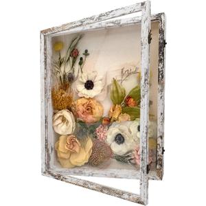 GraduationMall 16x20 Wood Shadow Box Frame Glass Door Display Case with Linen Back and 6 Stick Pins,1.5 inches Interior Depth,Ideal for Memorabilia Pictures Flowers Medals Tickets Rustic White