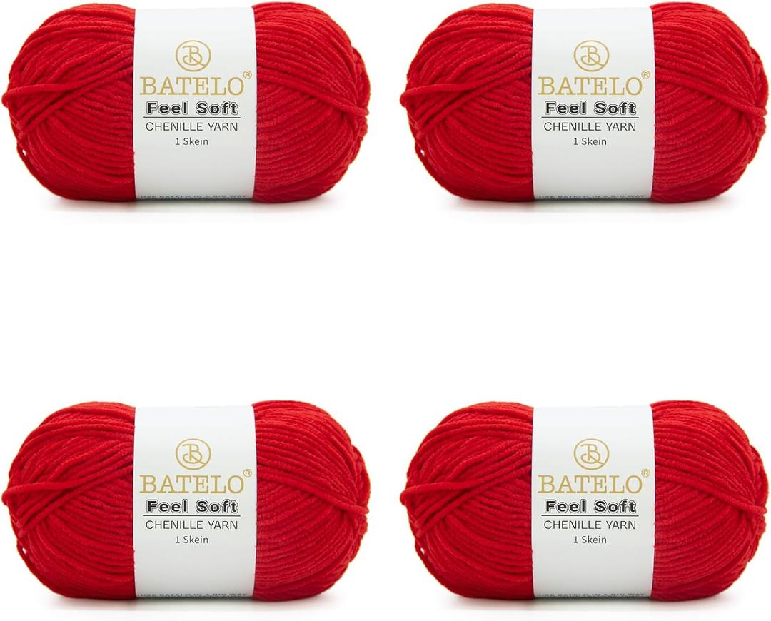 Thin Chenille Yarn for Crocheting & Knitting, Soft Plush Yarn for DIY Crafts, Amigurumi, Home Decor - 3 Light - 4 Pack of 1.7oz/142yds - Red
