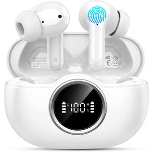 Wireless Earbuds, 2025 Bluetooth 5.4 Headphone 3D Bass Hi-Fi Stereo Ear Buds, 4 ENC Noise Cancelling Mic, 40H 3g USB-C in-Ear Earphone, IP7 Waterproof Workout Sport for Laptop Pad Android iOS, White