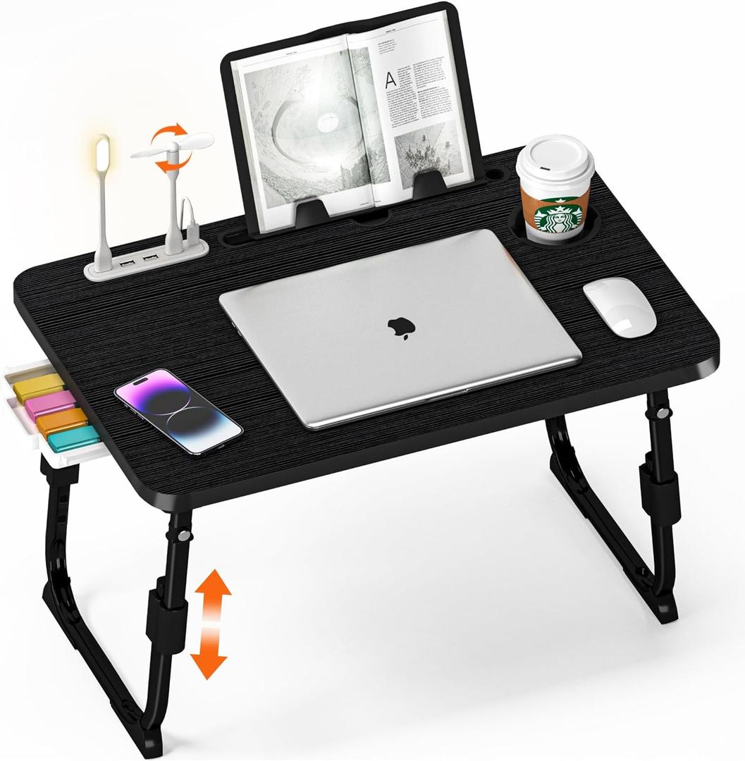 Laptop Desk for Bed Height Adjustable, Lap Bed Table with USB/Storage Drawer/Cup Holder/Tablet Stand/Book Shelf, Foldable Breakfast Tray Portable for Reading Writing, Sofa & Floor, Black