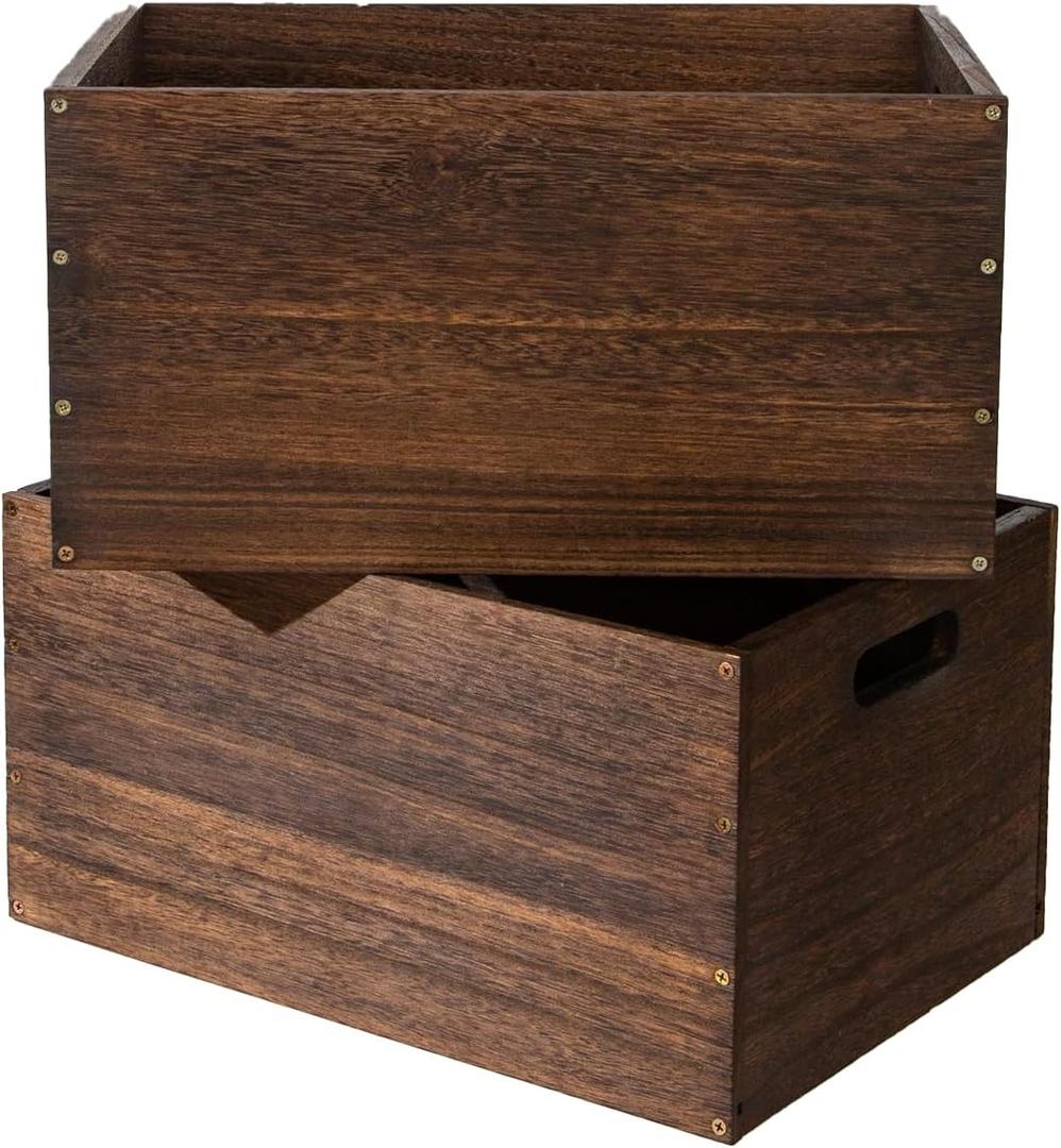 2 PackWood Storage Box 18.9×13×9.8 Inch with Handles, Stackable Wooden Organizer Crate for Home Closet Kitchen Bathroom, 2 Colors Vintage White & Black (Retro Black)