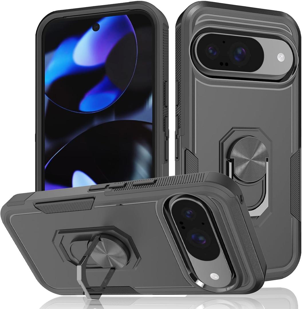 for Pixel 9 Case: 2 in 1 Shockproof Phone Cover with 360° Rotatable Kickstand Ring - Heavy Duty Drop-Proof Phone Case for Pixel 9 6.3" - Black