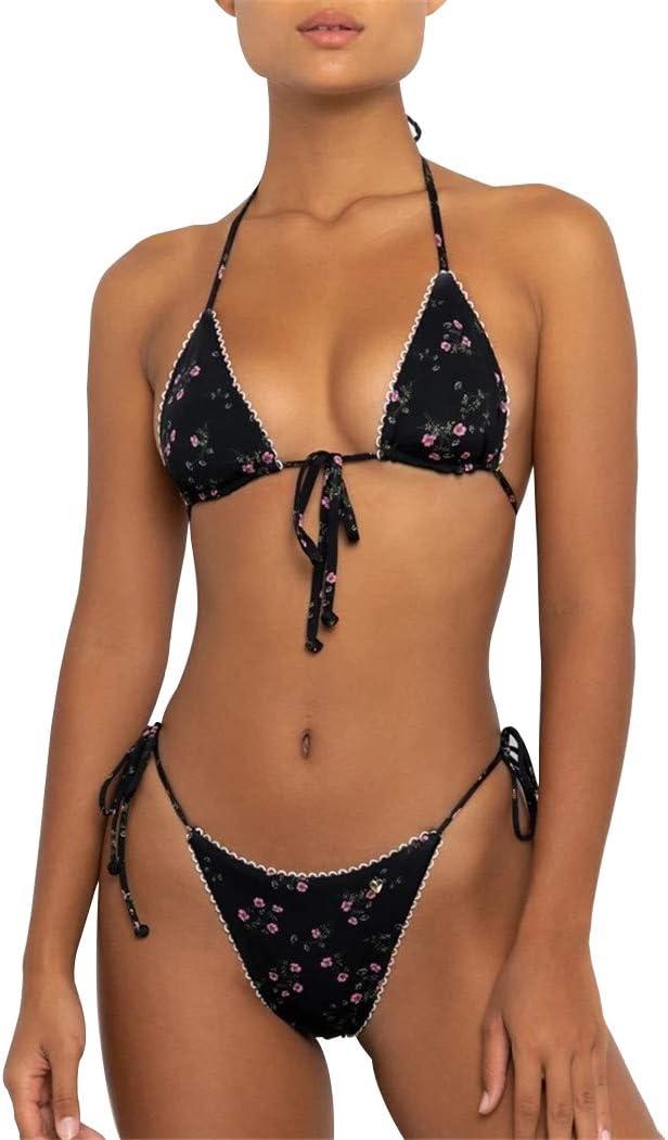 Bikinis Swimsuit Set for Women Swimwear Triangle Bathing Suit Tie String Thong (X-Small, Black)
