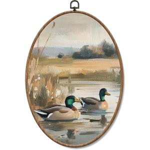 Yorhifa Vintage Mallard Duck Framed Wall Art, Countryside Lake Oval Wall Art, Wildlife Nature Pond Oval Walls Decor, Farmhouse Rustic Farm Animal Canvas Artwork Hanging Decor, 8.5x11.5 Inch (color_2)