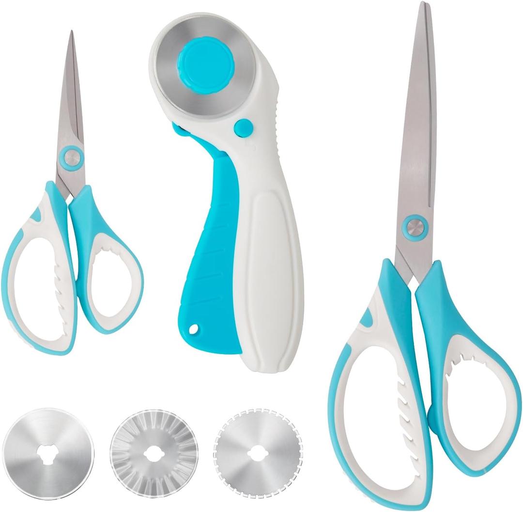 MANUFORE Professional Sewing Scissors Set: Big and Small Scissors, Rotary Cutter with 3pcs Extra Blades for Cutting Fabric (Blue)