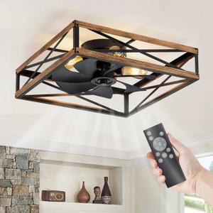 LEDIARY 23 Caged Low Profile Ceiling Fans with Lights and Remote, Rustic Square Flush Mount Ceiling Fan, 6 Speed and Reversible, Small Farmhouse Bladeless Ceiling Fan for Bedroom, Kitchen,Dining Room (Wood Grain)