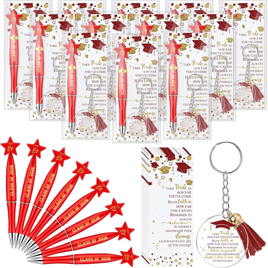 Spakon 24 Sets Class of 2024 Graduation Gifts Include 24 Star Ballpoint Pens 24 Inspirational Acrylic Keychains 24 Bookmarks Opp Bags Cable Ties Graduation Party Favors for Guests Students (Red)