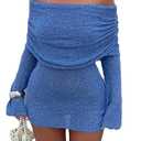 Unybwonn Women's Off Shoulder Mini Short Dress Bodycon Long Sleeve Crochet Sexy Going Out Mesh Elegant Sweater Dresses Blue (Large)