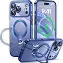 360 Spin CD Stand for iPhone 17 Pro Case Compatible with Magsafe Ring [Never Yellow][DIY Glitter Cardstock] Camera Protection Plating Clear Cute Phone Case for Women Girls 6.3'', Deep Blue