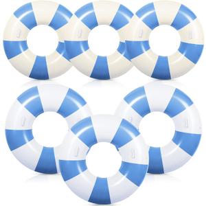 6 Pcs Large Swim Ring with Handles 47.24 Inch 35.43 Inch Inflatable Striped Pool Inner Tubes Swimming Pool Ring Float for Teens Adults Summer Beach Party Supplies(Blue White)