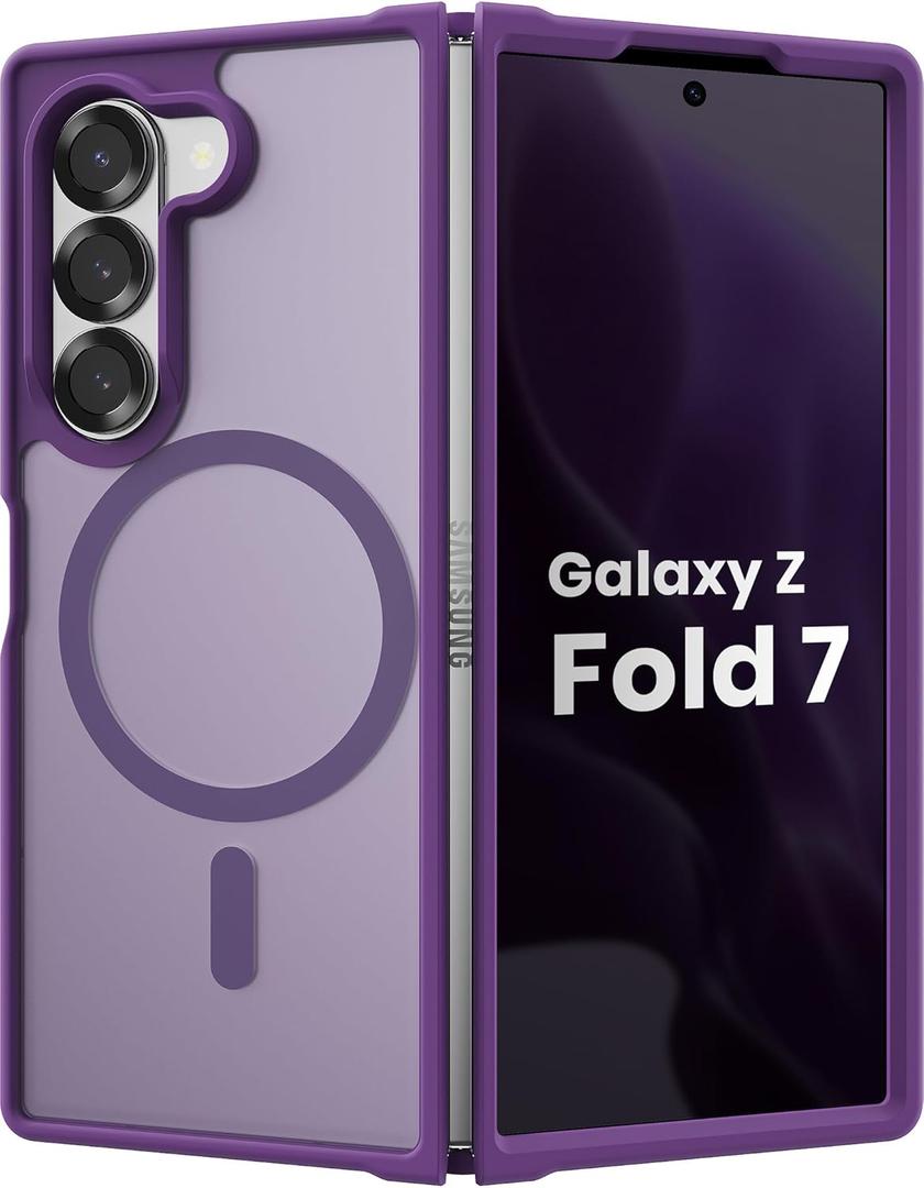 Magnetic Case for Samsung Galaxy Z fold 7 Case, Slim Translucent Matte Phone Cover with Shockproof TPU Frame & Scratch-Resistant PC Back, Strong Magnetic Ring, Purple