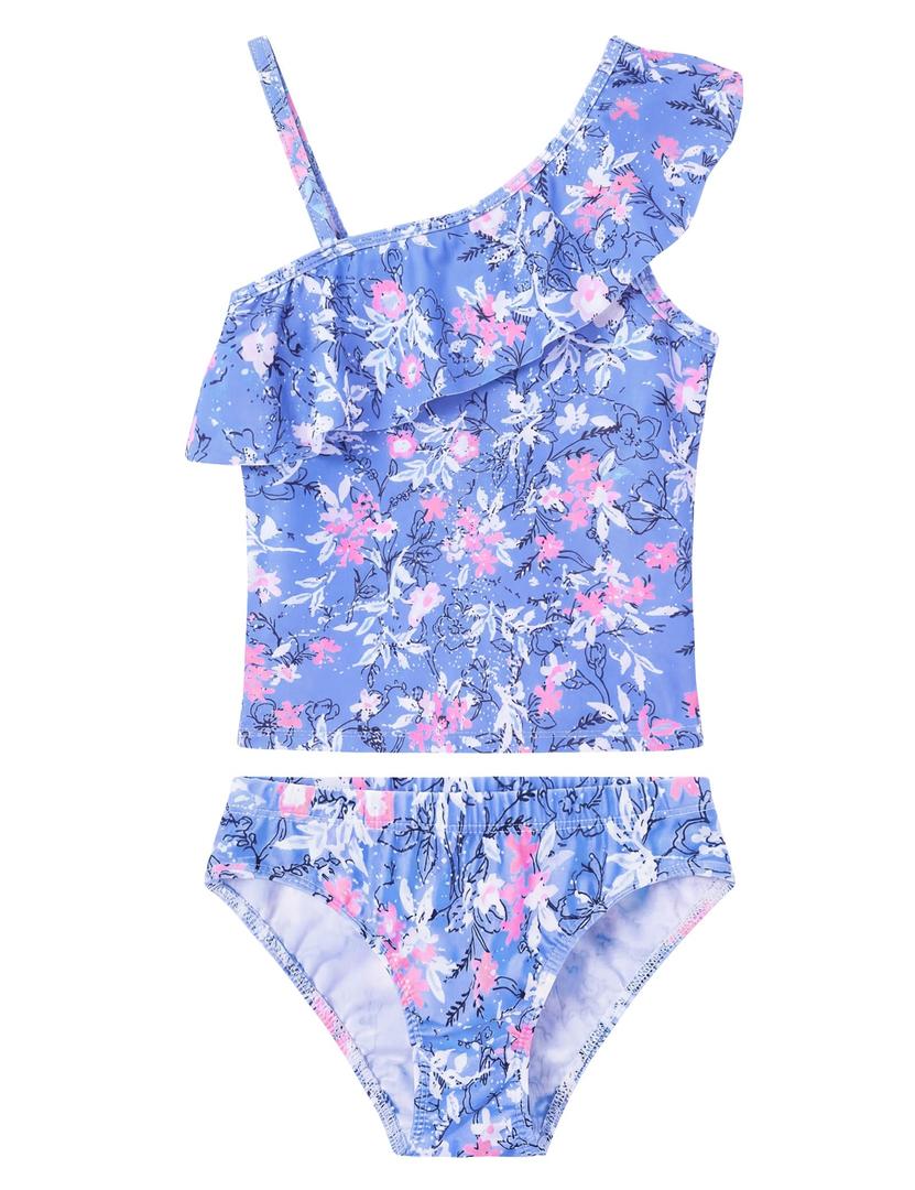 WhizBuzz Girls Bathing Suits Size 10-12 Years Old Blue Purple Flowers Swimsuits Kids Ruffle Swimwear