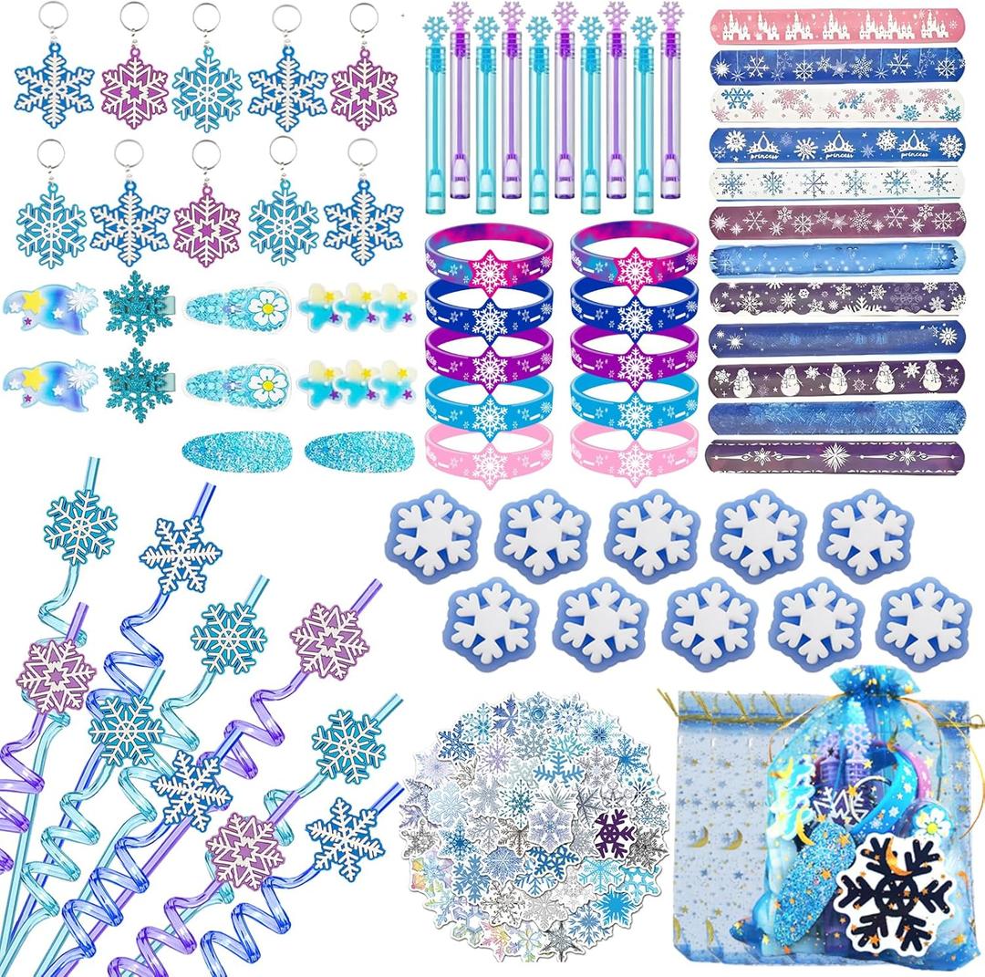132Pcs Snowflake Party Favors Set Birthday Party Supplies Include 12 Bracelets, 10 Keychain, 10 snowflake squishies,10 wristbands,10 Hair accessories,10 straws,10 Bubble,50 Stickers and 10 Gift bags 132Pcs Snowflake Party Favors Set Birthday Party Supplies Include 12 Bracelets, 10 Keychain, 10 snowflake squishies,10 wristbands,10 Hair accessories,10 straws,10 Bubble,50 Stickers and 10 Gift bags