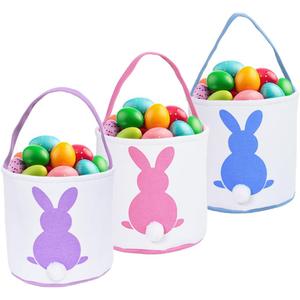 HSgoAek 3 PCS Easter Bunny Basket Bags for Kids - Canvas Cotton Carrying Gift and Eggs Hunt Bag, Easter Gift Basket with Tails Printed Rabbit (Purple, Blue, Pink)