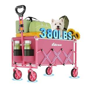 InBrave Collapsible Wagon Cart, 380LBS Heavy Duty Utility Wagons with All-Terrain Wheels, Foldable Grocery Carts for Gardening, Shopping, Beach, Camping, Pink