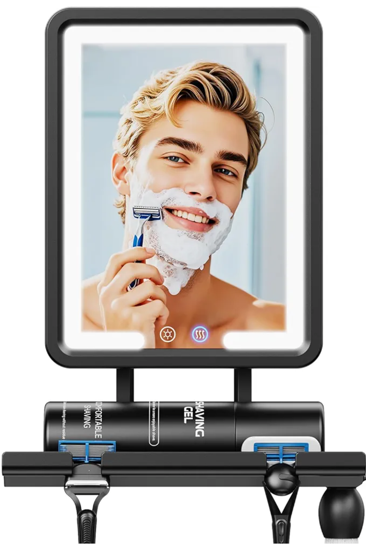 Heated Shower Mirror Fogless for Shaving 2025 New, 3 Colors Stepless Dimmable Lights Anti Fog Shower Mirror, Fog Free Mirror for Shaving with Razor Holder for Men, NO-Drilling, Removable - Black