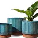LE TAUCI Ceramic Plant Pots with Drainage Holes, Set of 3, 8+6.7+5.5 Inch Stripe Garden Planter Pots for Outdoor Indoor Plants Flower, Round Succulent Orchid Flower Pot, Reactive Glaze Green