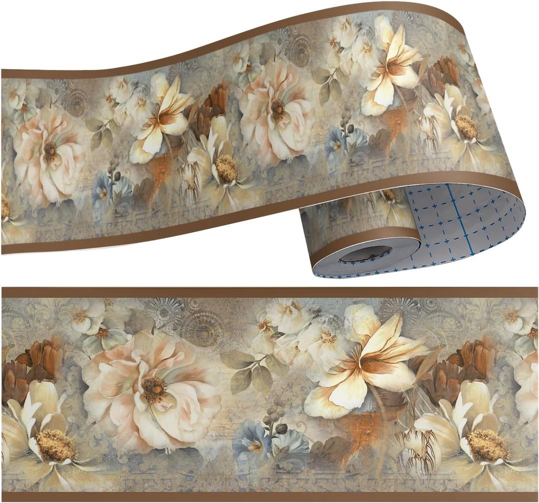 4"x393" Boho Yellow Brown Floral Poppy Flower Wallpaper Border Peel and Stick Wall Border Self Adhesive Removable Vinyl Trim for Living Room Bedroom Bathroom Kitchen Cabinet Decoration