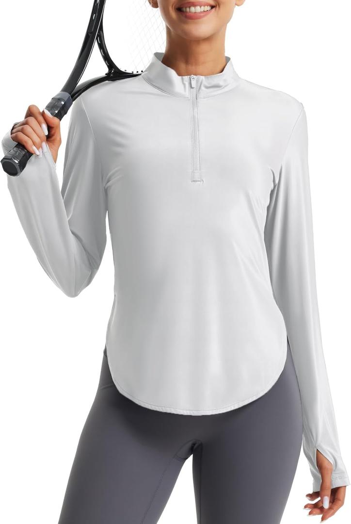 Libin Women's Athletic Running Shirt Long Sleeve Quarter Zip Pullover Moisture Wicking Quick Dry Workout Gym Shirts (Light Grey)