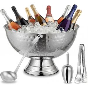 Ice Bucket for Parties and Punch Bowl Set, 15.7 Inch Large Stainless Steel Champagne Chiller with Ladle Scoop and Tongs, Pedestal Beverage Tub for Wedding Mimosa Bar(Hammered)